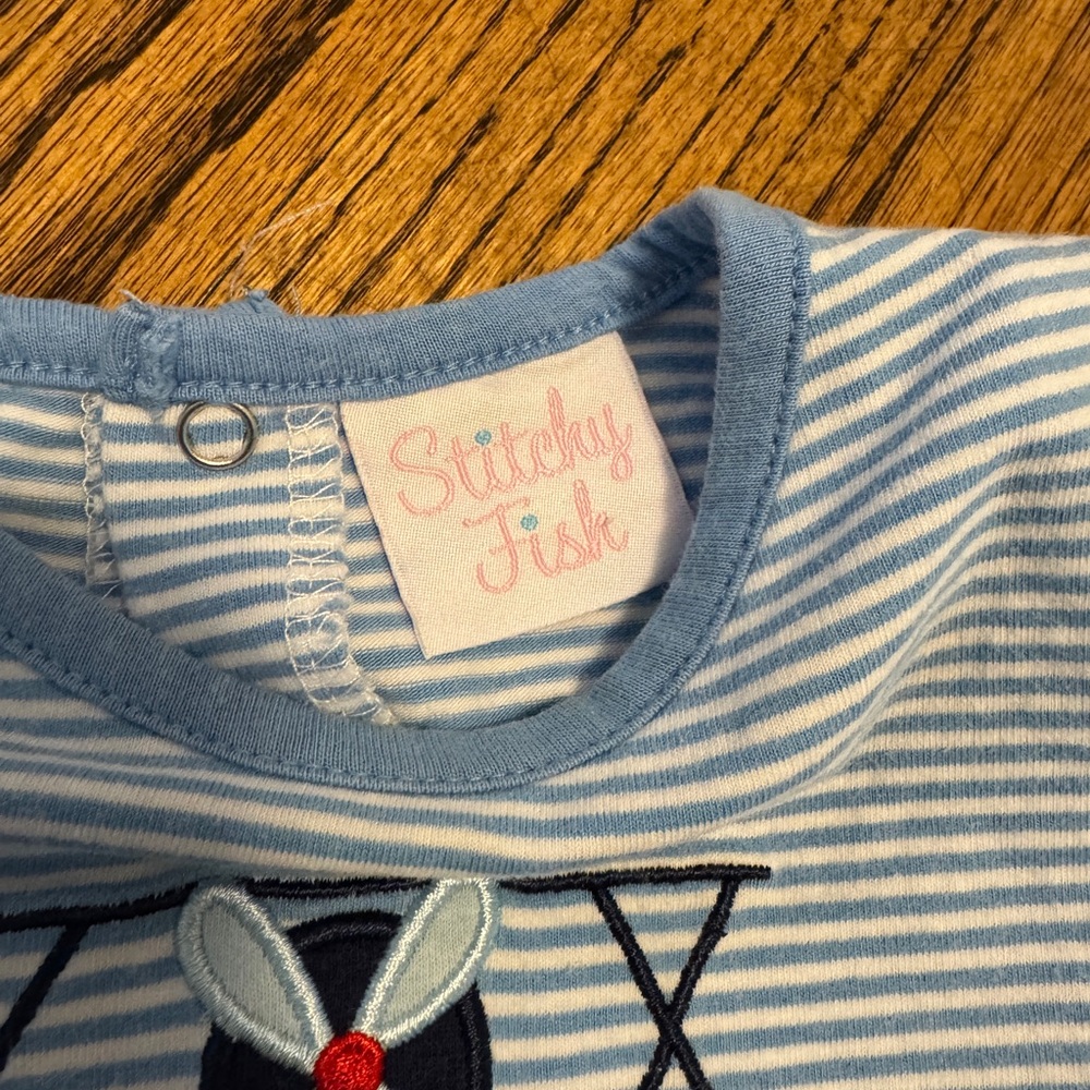 Stitchy Fish 6M Blue Striped Airplane Baby Romper - Picture 4 of 9